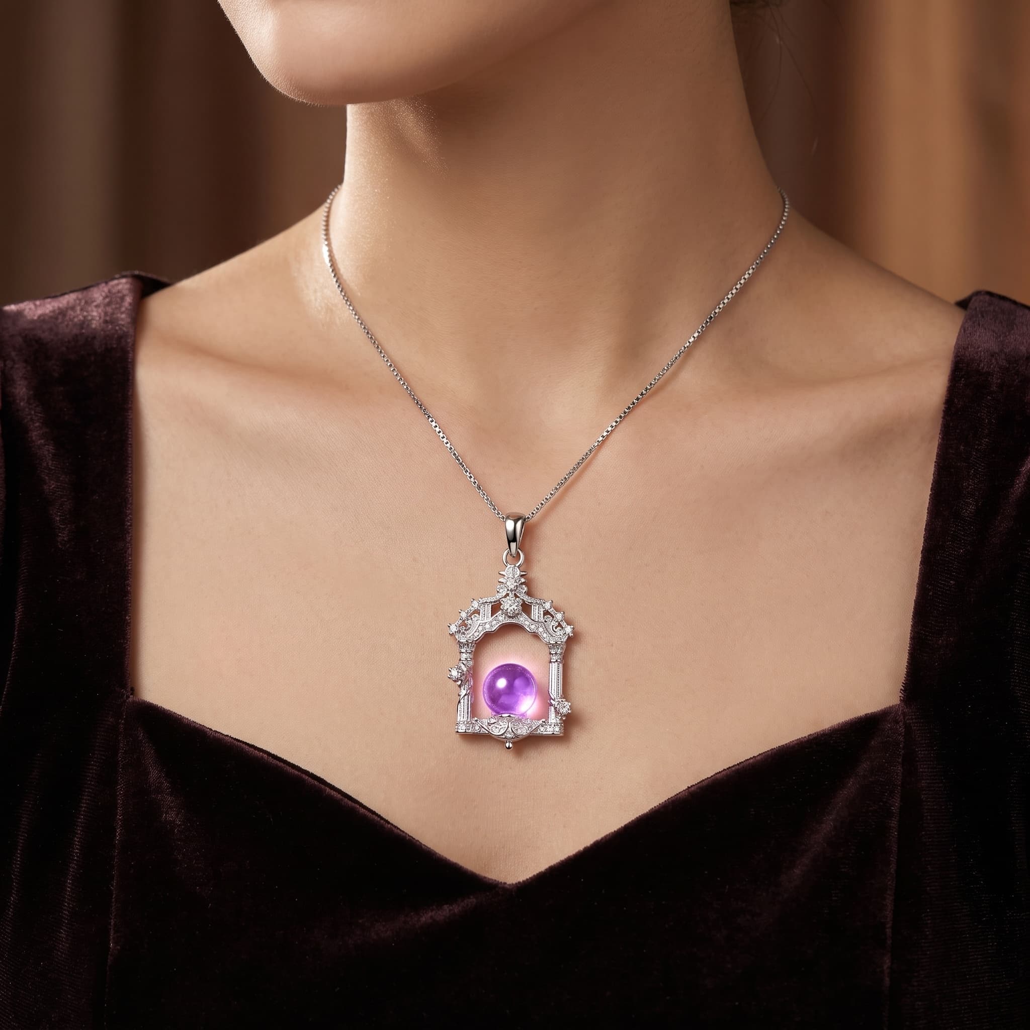 Gothic Cathedral Window Amethyst Pendant worn