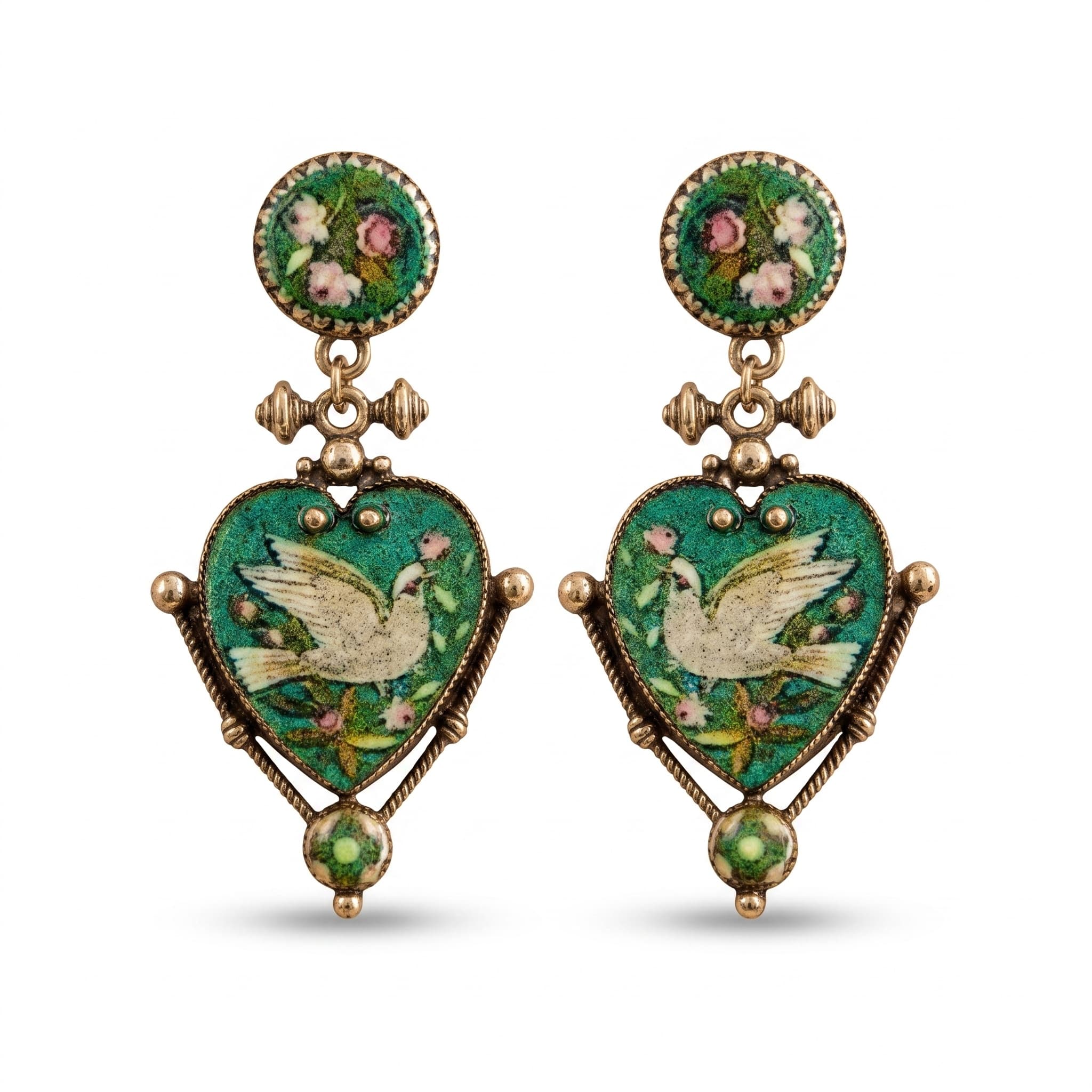 Victorian Style Enamel Dove Heart Drop Earrings