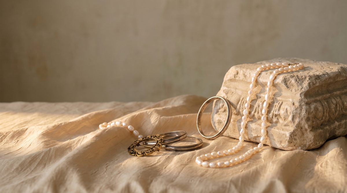 Antique jewelry on silk background