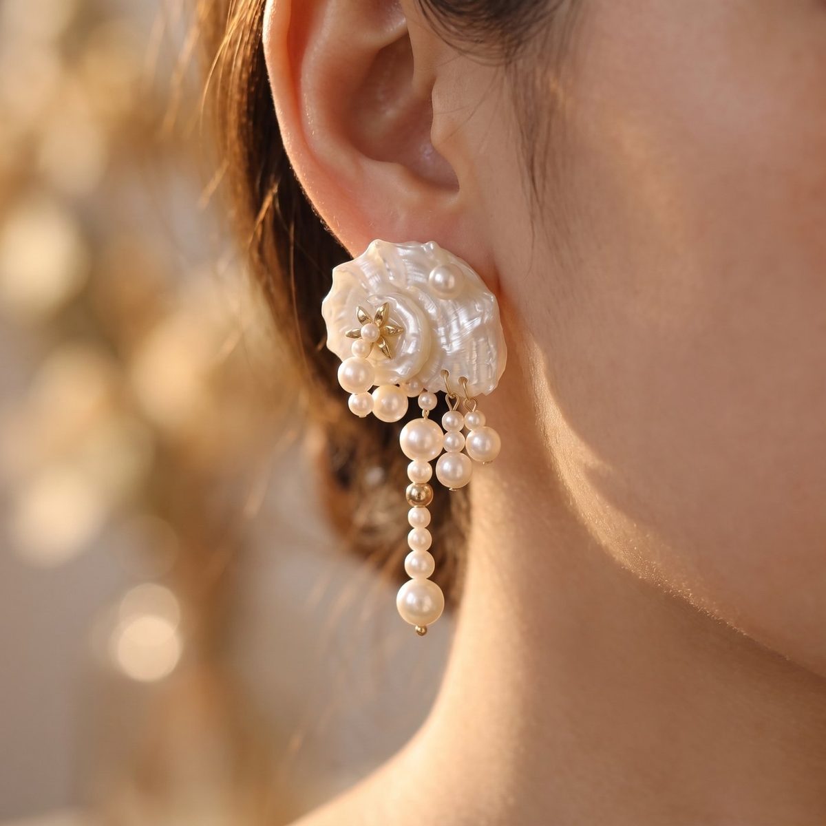 Mother of Pearl Scallop Drop Earrings on model
