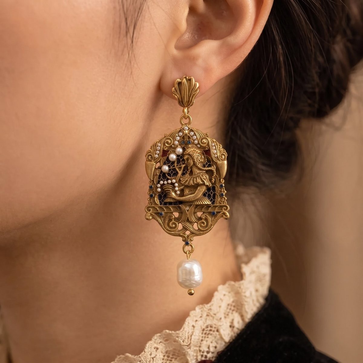 Art Nouveau Muse Filigree Earrings on model