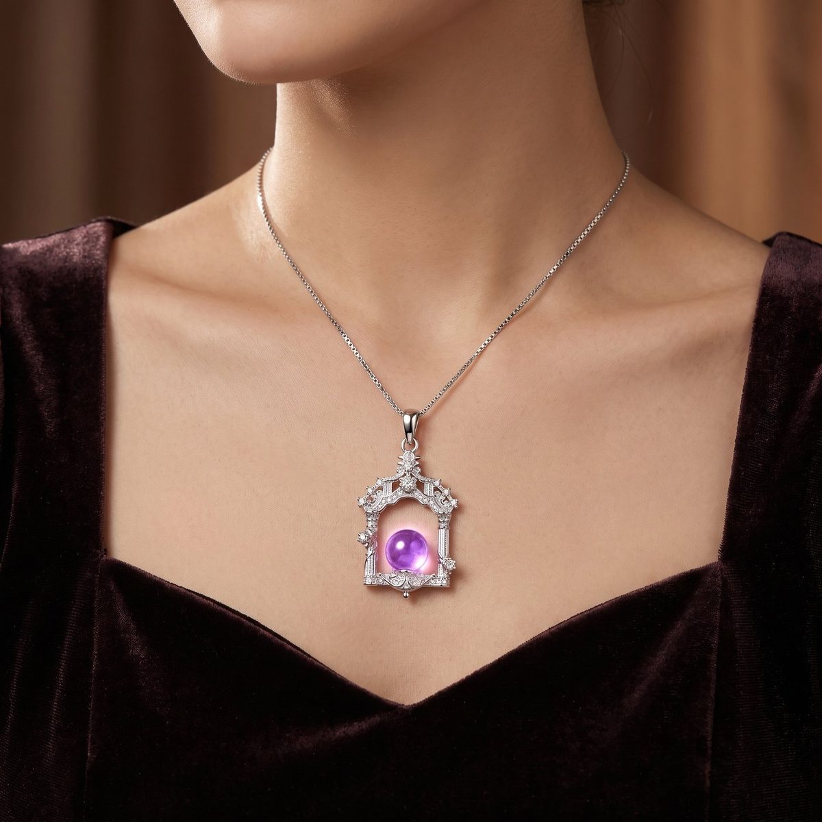 Gothic Cathedral Window Amethyst Pendant on model
