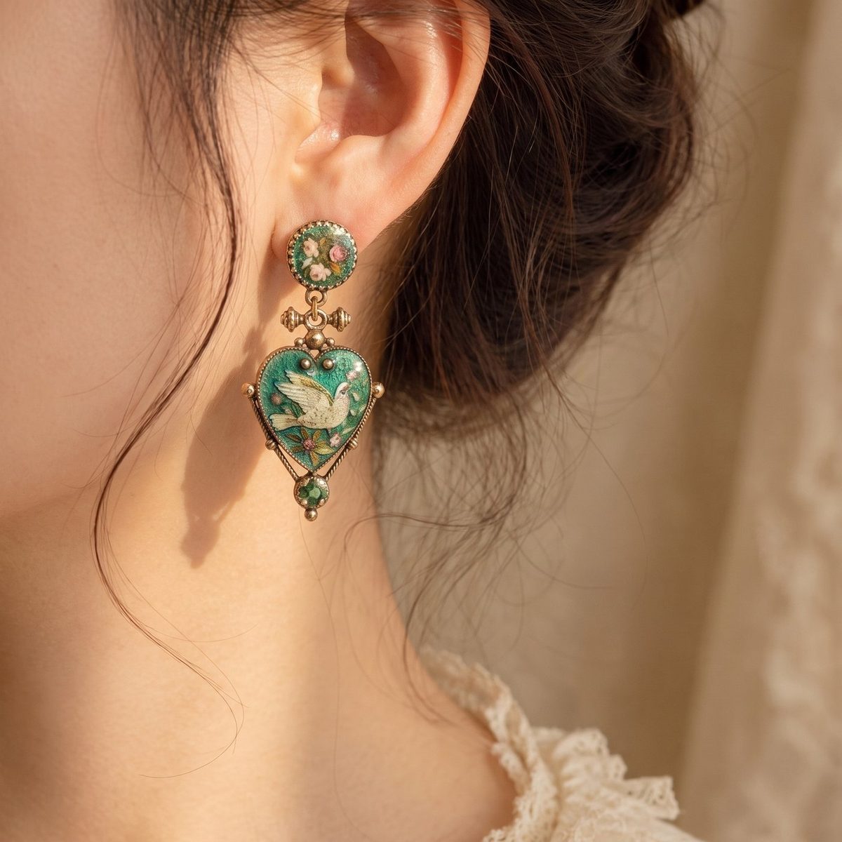 Victorian Enamel Dove Heart Earrings on model