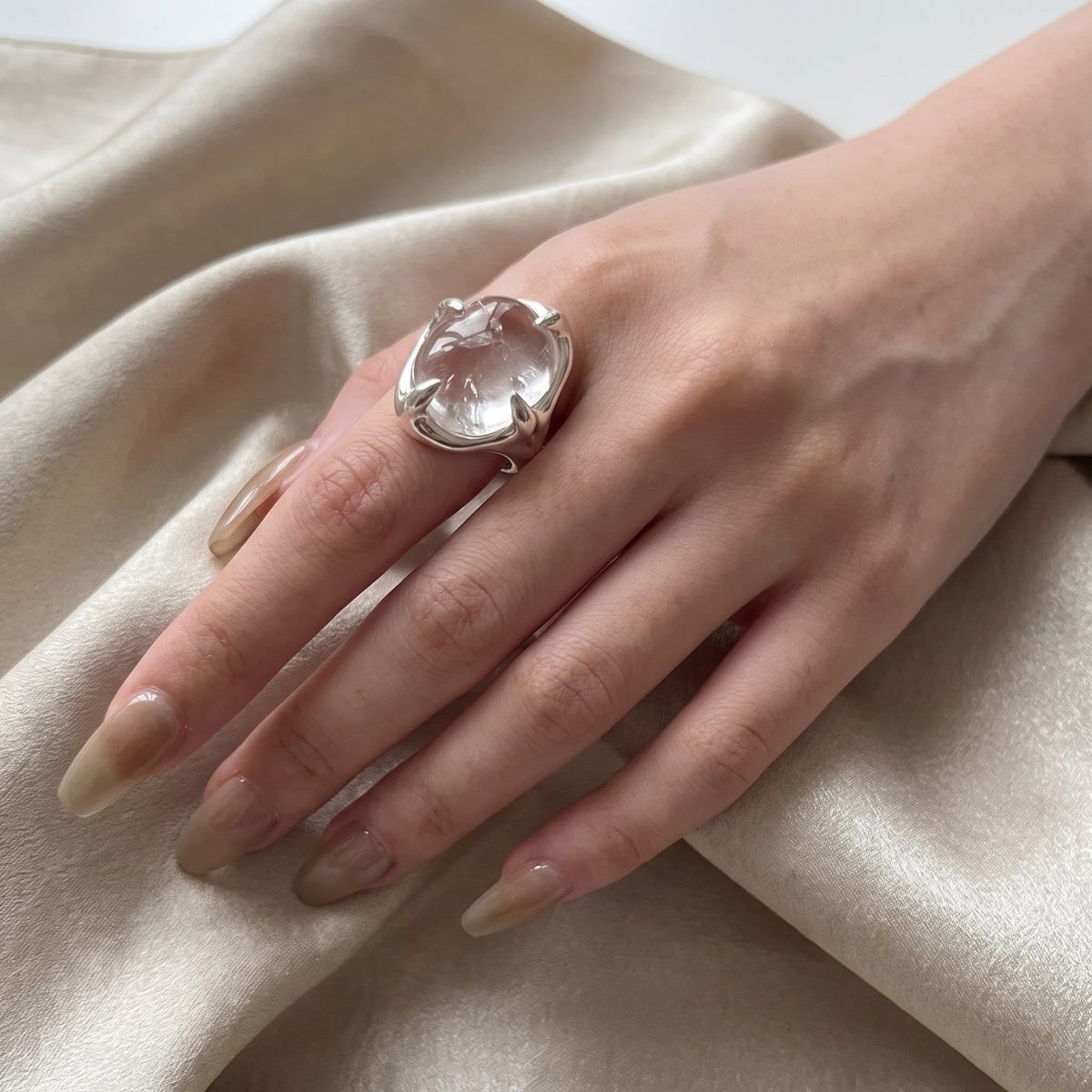 Sculpted Talon Claw Quartz Orb Ring on model