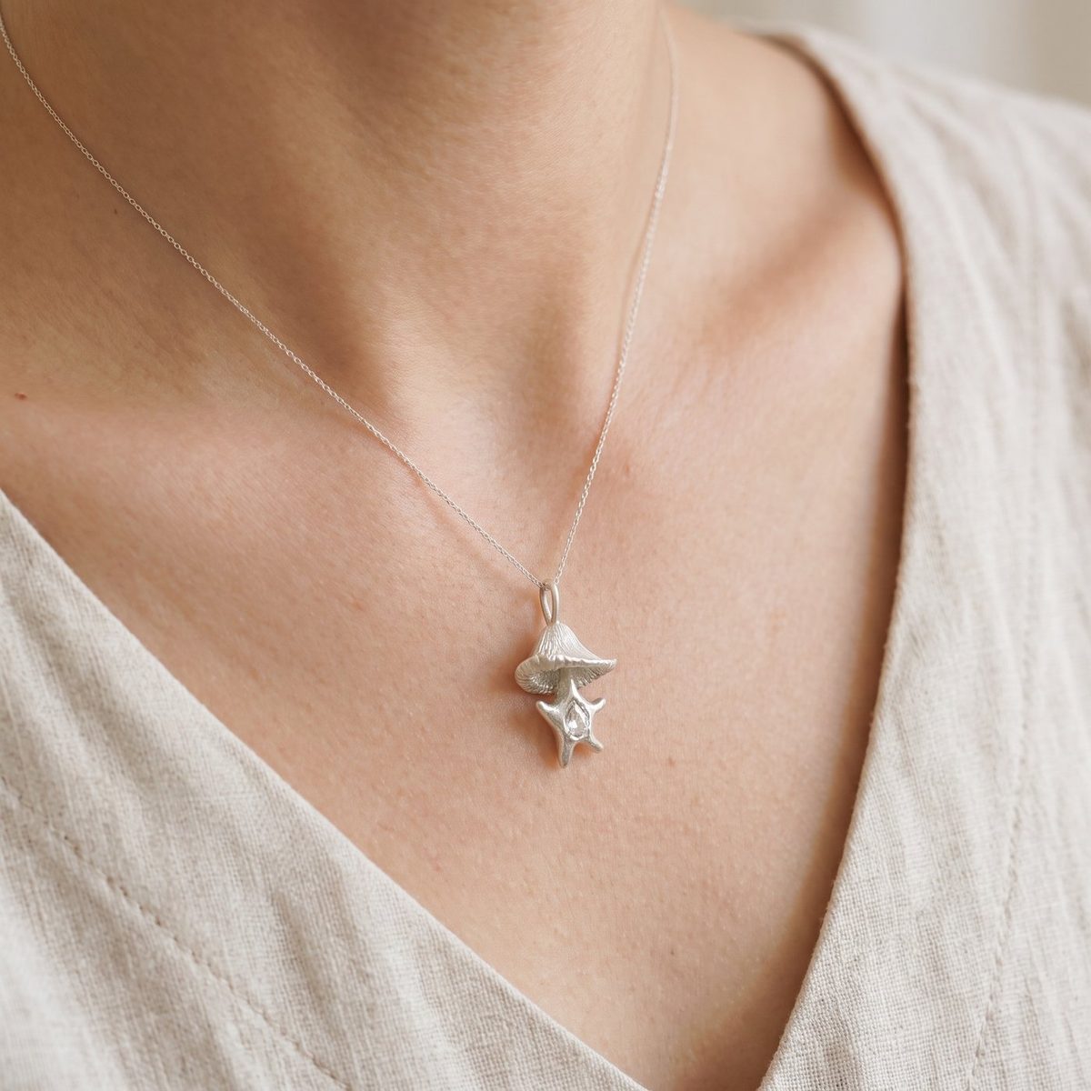 Solid Silver Woodland Mushroom Pendant on model
