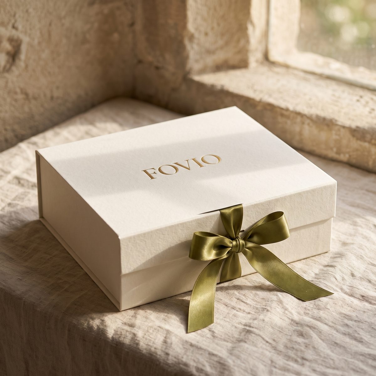 FOVIO custom rigid gold-foil stamped gift box on French linen