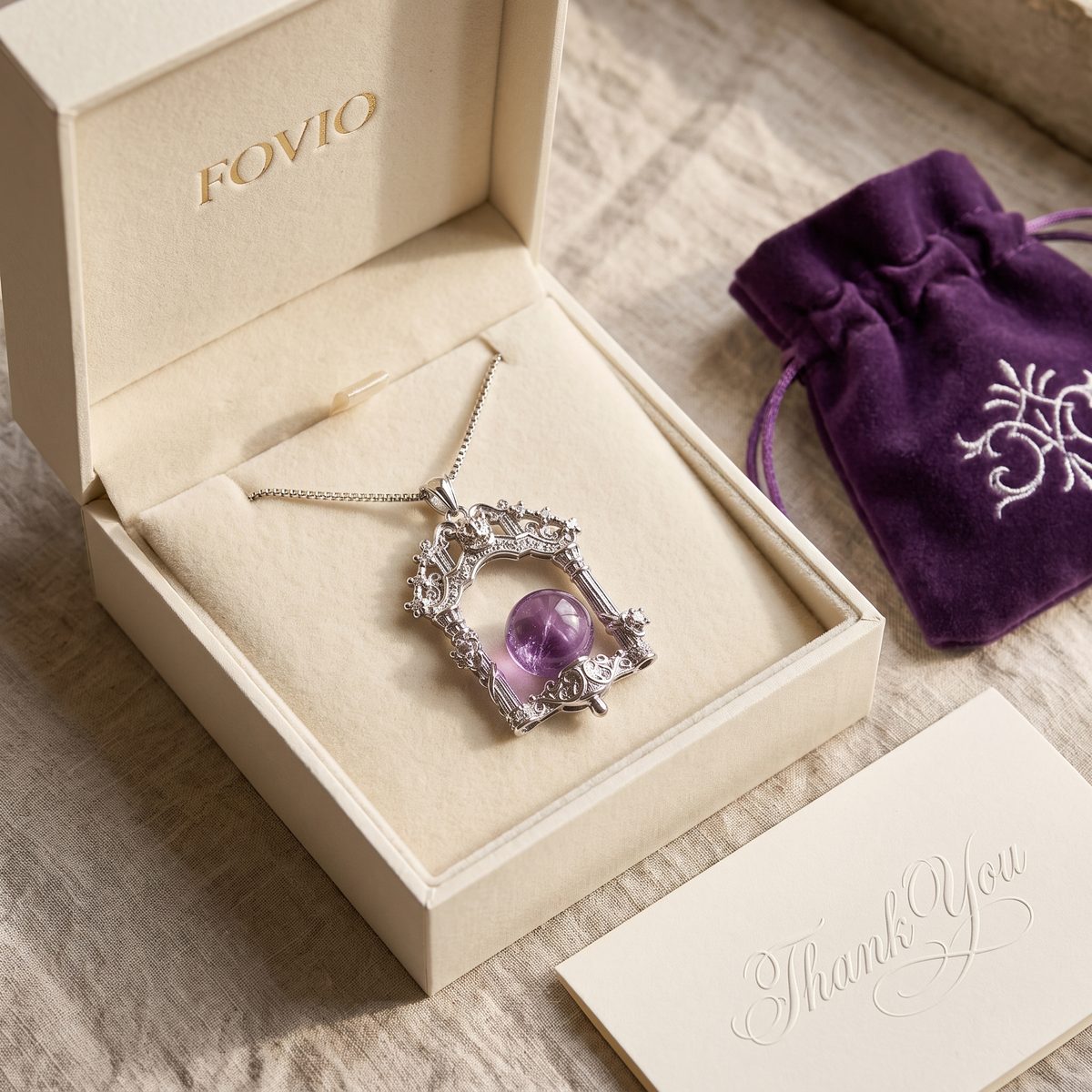 FOVIO velvet travel pouch and Amethyst pendant in open jewelry box