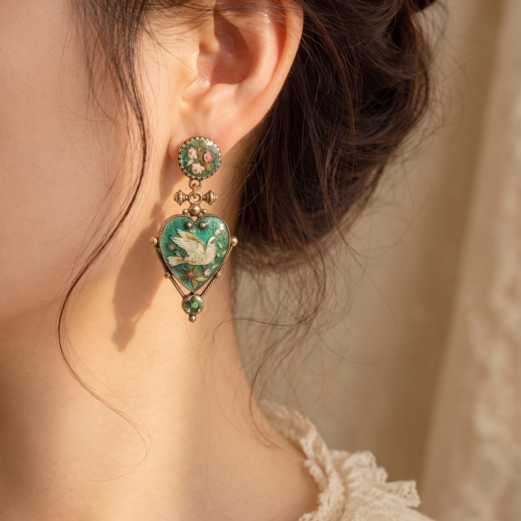 Victorian Enamel Dove Heart Earrings on model