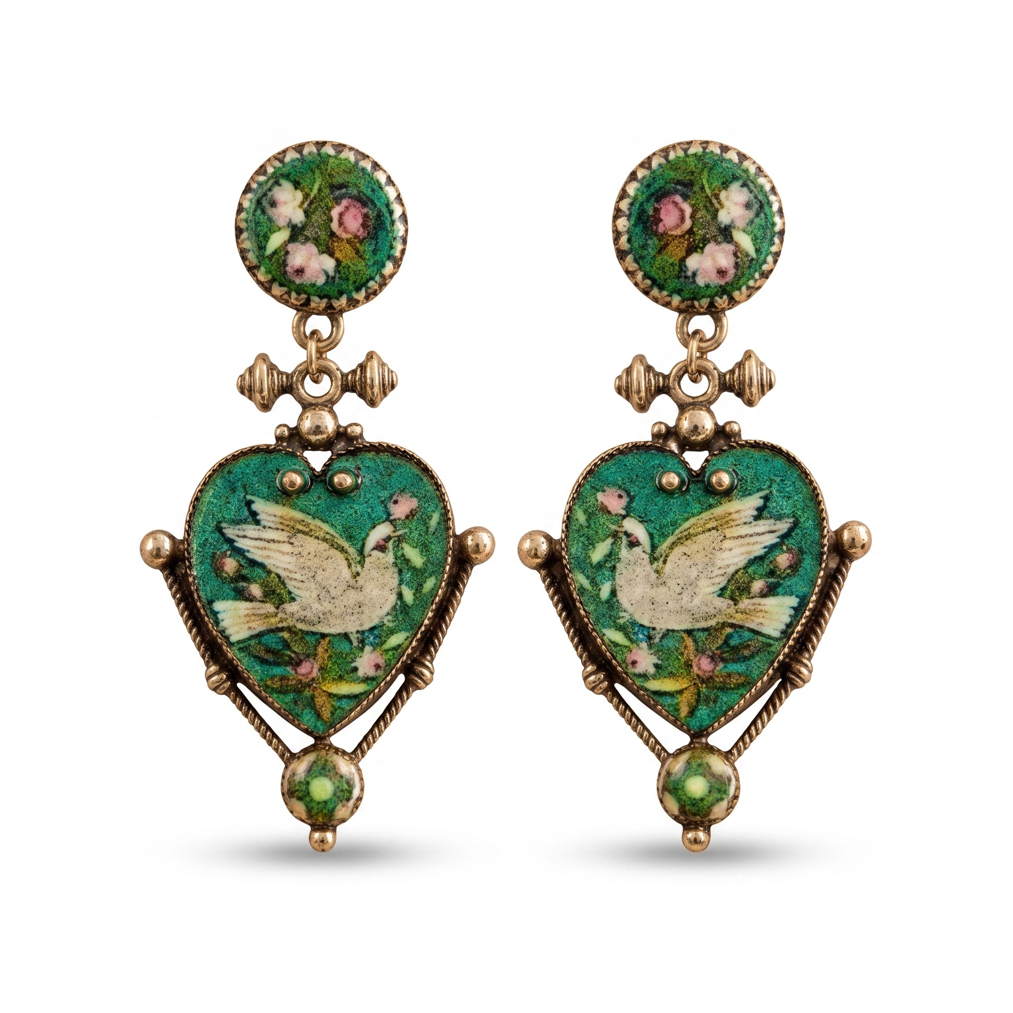 Victorian Enamel Dove Heart Earrings High Resolution Zoom