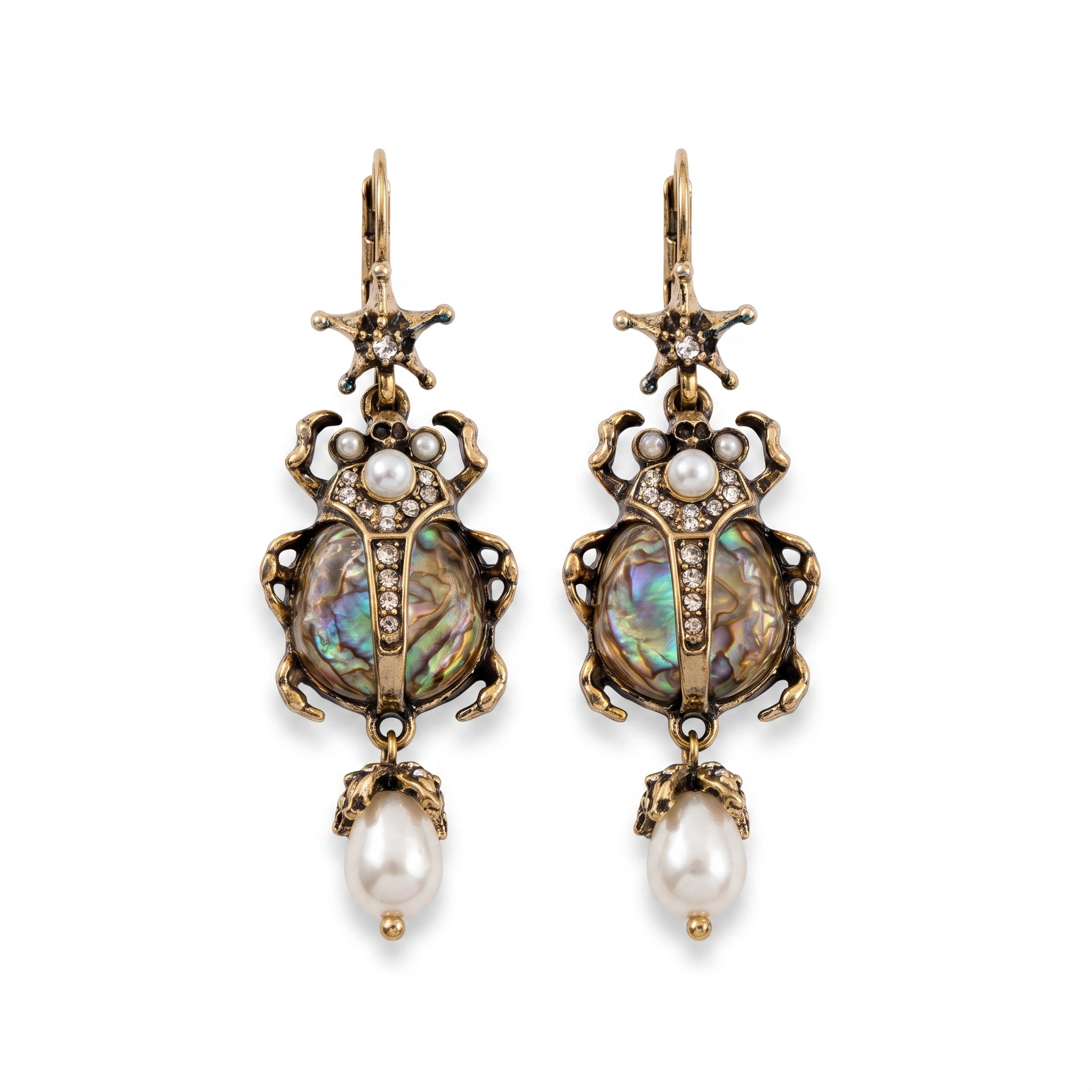 Antique Brass Scarab Beetle Pearl Drop Earrings
