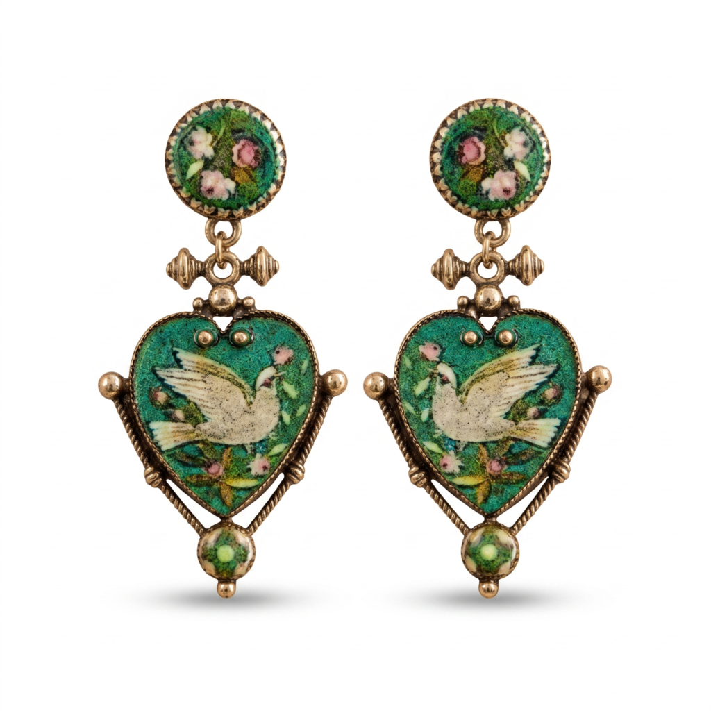 Victorian Enamel Dove Heart Earrings